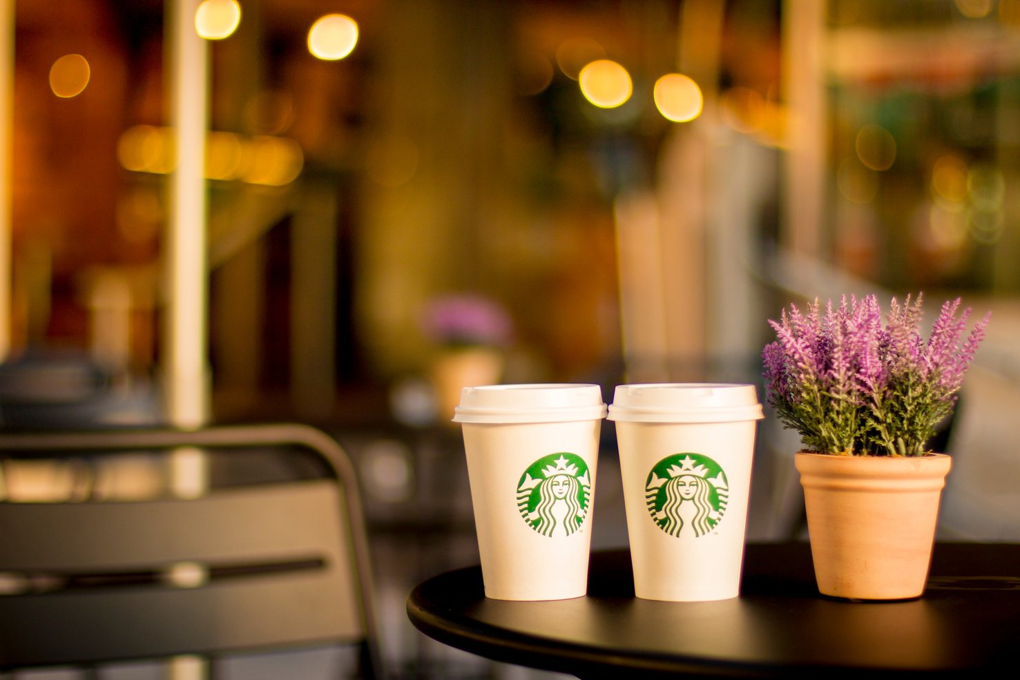 Two Starbucks Coffee Cups Beside to Pink Petaled Flowers in Brown Clay Pot on Round Black Table