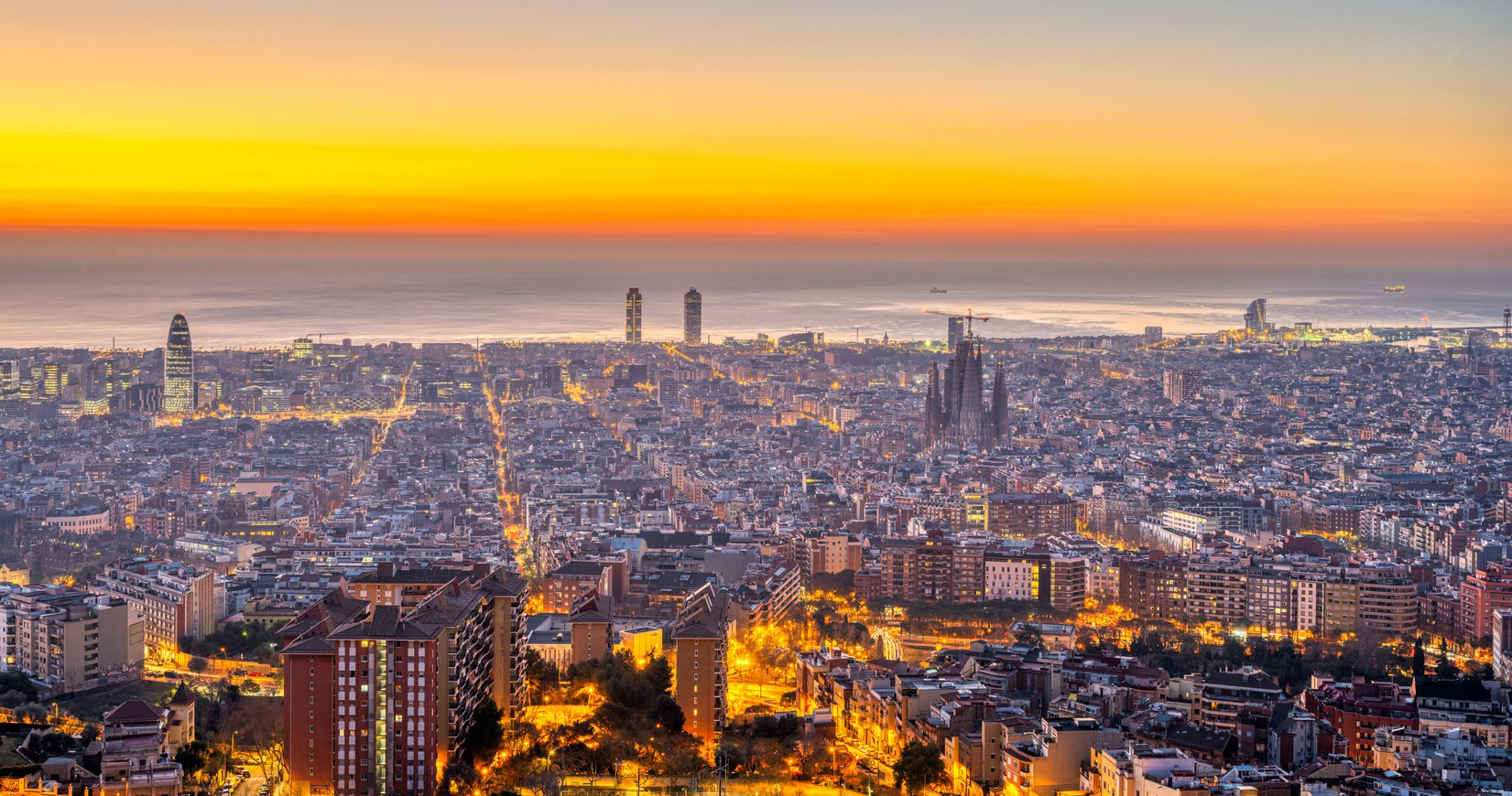 Barcelona with the Mediterranean Sea before sunrise